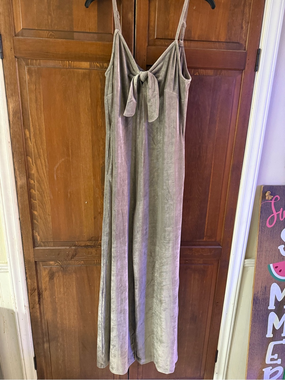 NWT Velvet Tie-Front Spaghetti-Strap Jumpsuit in Taupe